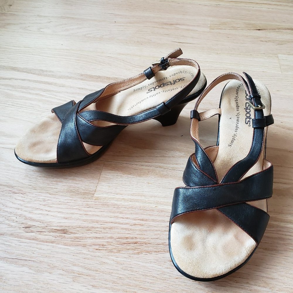 Softspots Genuine Leather Black Wedge Sandals Size 8M Comfortable Insole!